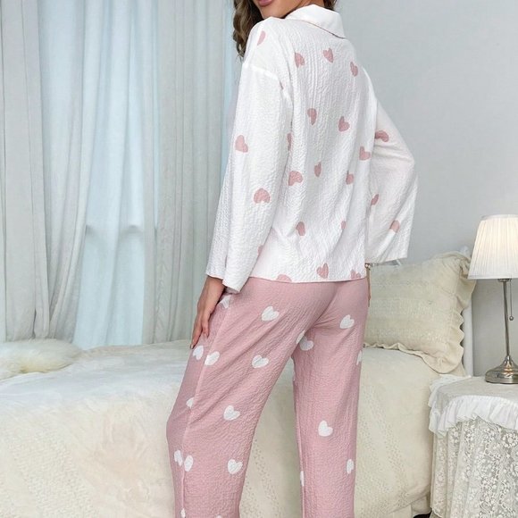 Multicolor Casual Womens Drop Shoulder Blouse & Wide Leg Pants PJ Set - Picture 2 of 5